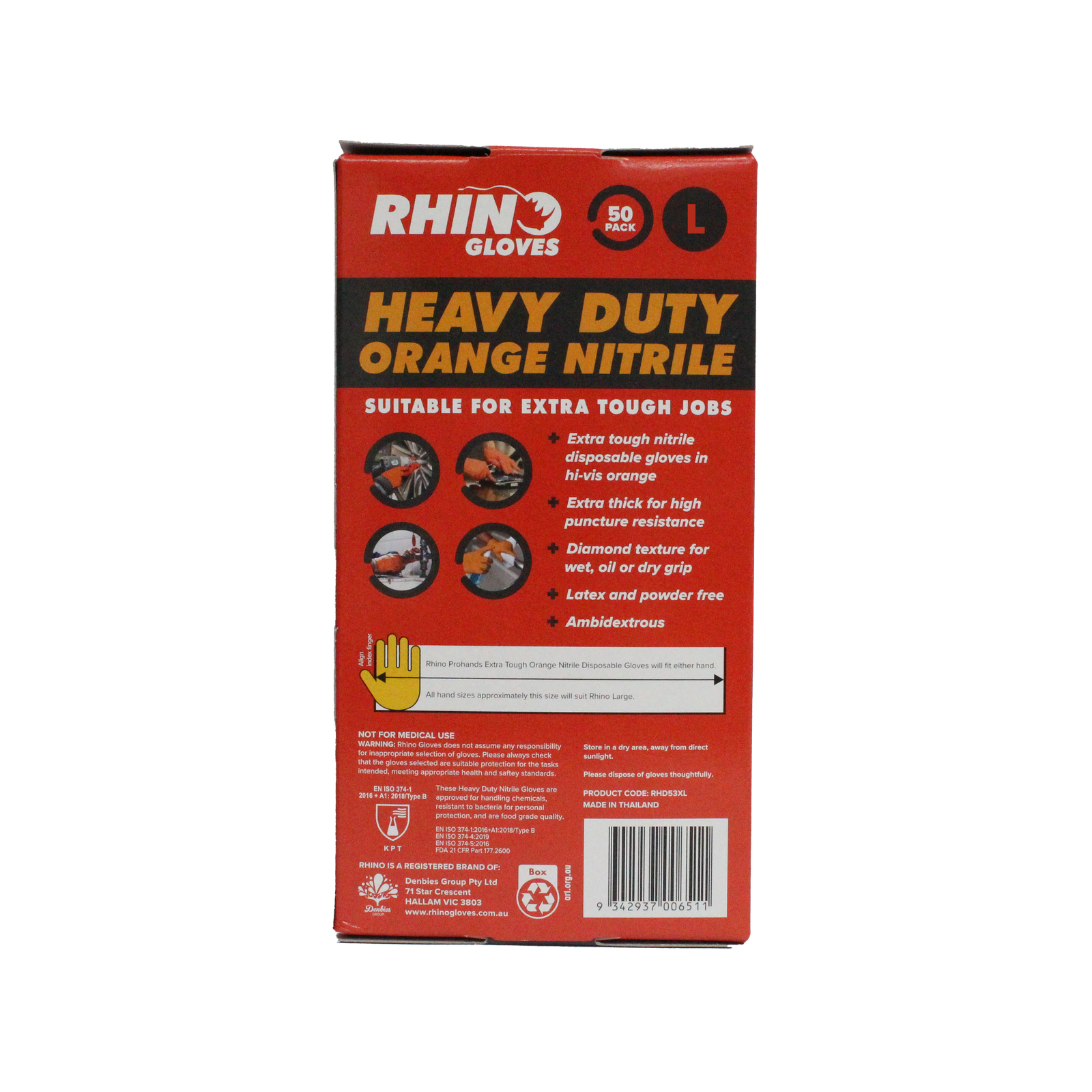Rhino Large Orange Heavy Duty Nitrile Disposable Gloves 50 Pack - Diamond Grip, Latex Free