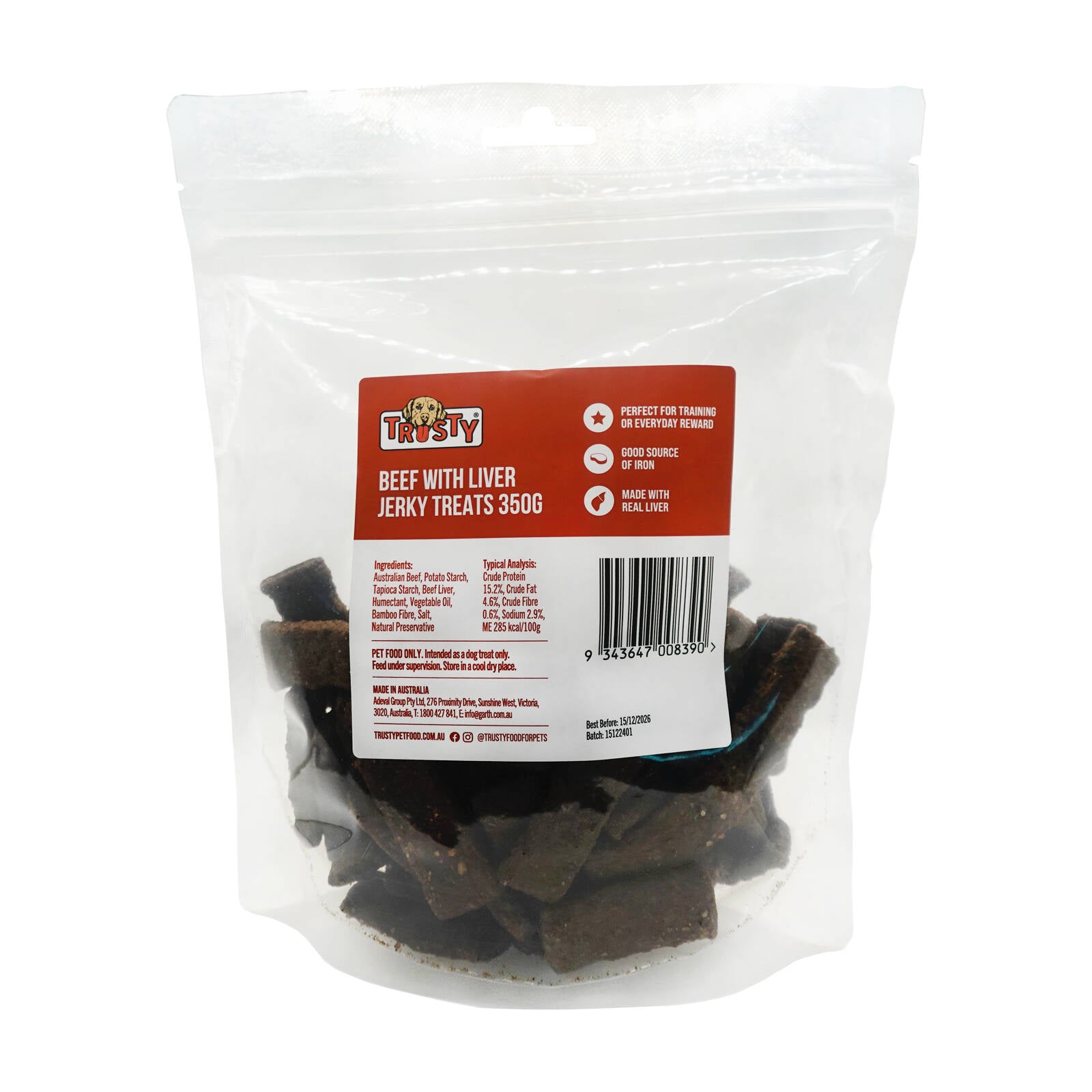 Trusty Beef with Liver Jerky Dog Treats 350g Meaty Treats for Adult Dogs Australian Made
