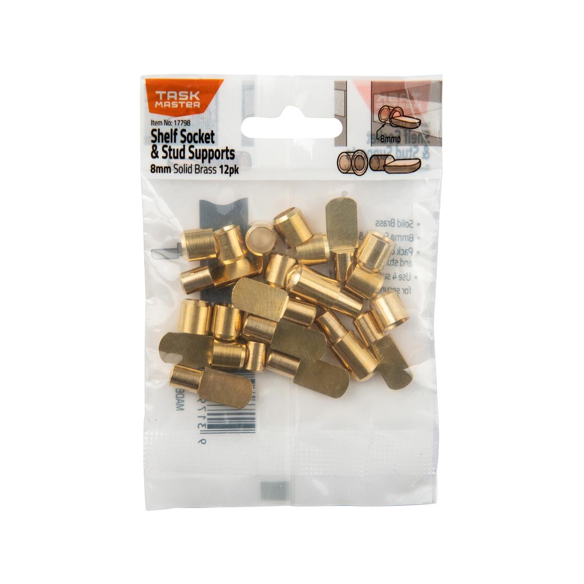 Taskmaster 8mm Brass Pin Shelf Support and Socket - 12 Pack