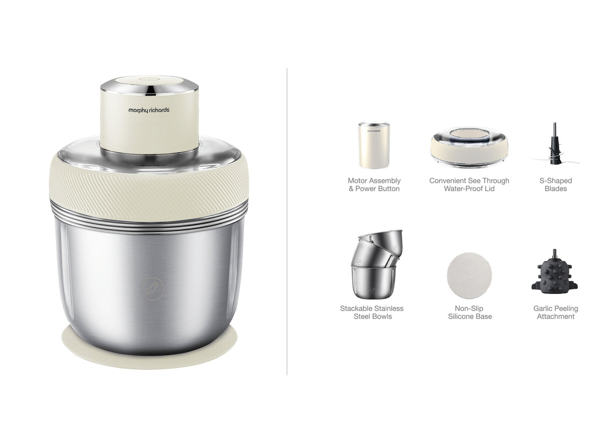 Morphy Richards Stainless Steel Chopper - 350W, Three Stackable Bowls, One-Button Operation - MRCH35WT