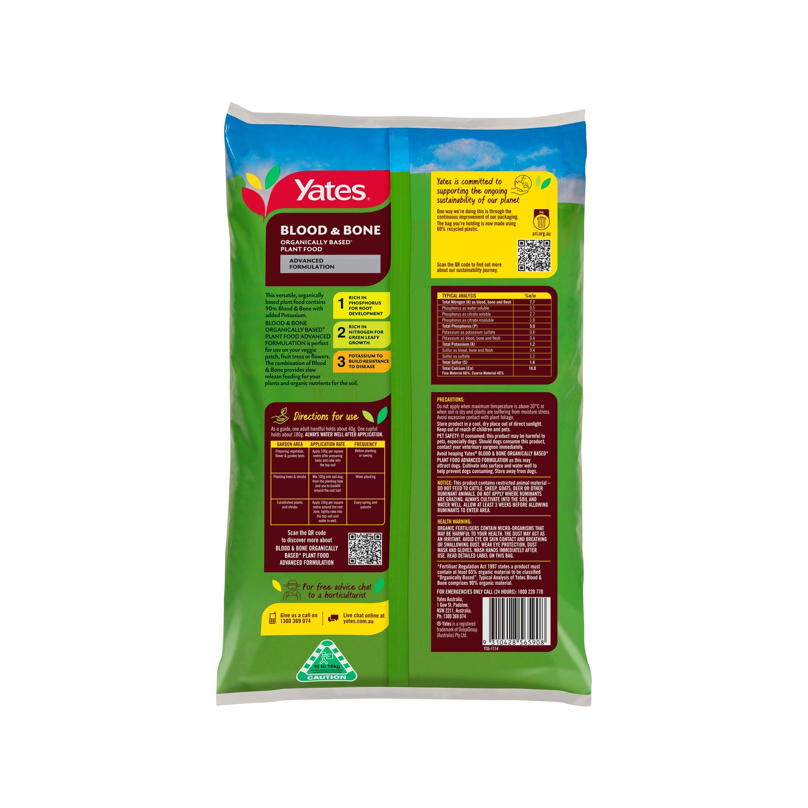Yates Blood & Bone Plant Food 10kg - Organically Based with Potash Fertiliser