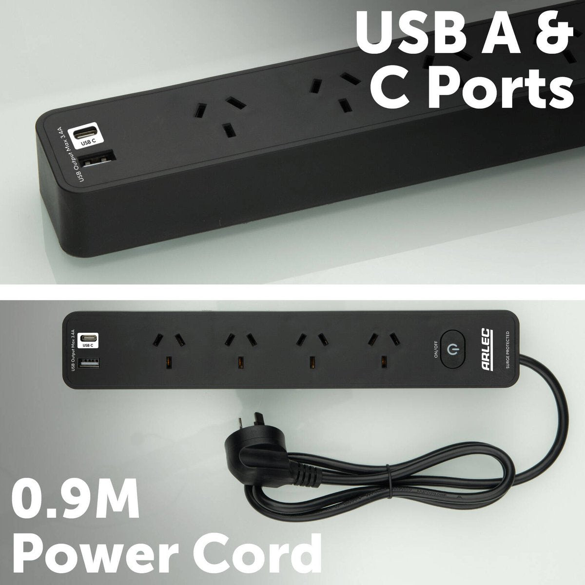 Arlec Black 4 Outlet Surge Protected Powerboard 285mm - USB A&C Charger - SuperSaverAU - view 2