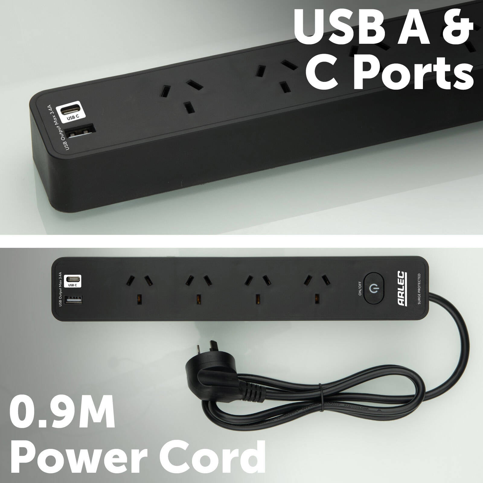 Arlec 4 Outlet Surge Protected Powerboard USB-A & USB-C with Master Switch Black PB4UCK-BK