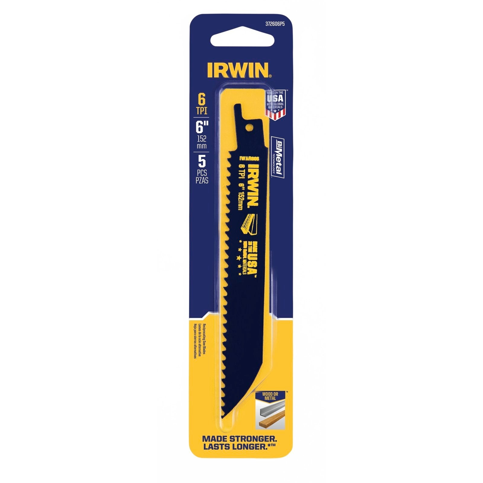 Irwin 6in 6TPI Bi-Metal Wood or Metal Reciprocating Saw Blade - 5 Pack