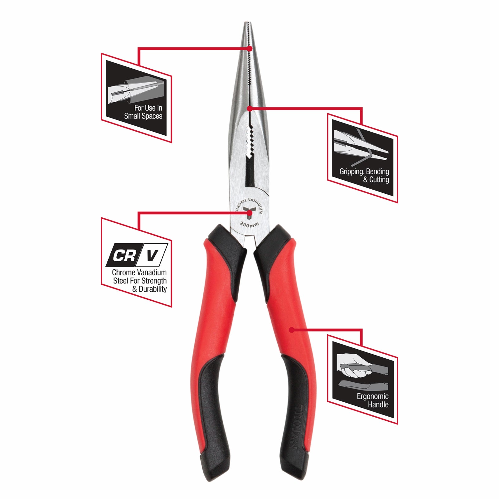 Trojan 200mm Long Nose Plier Red and Black CRV