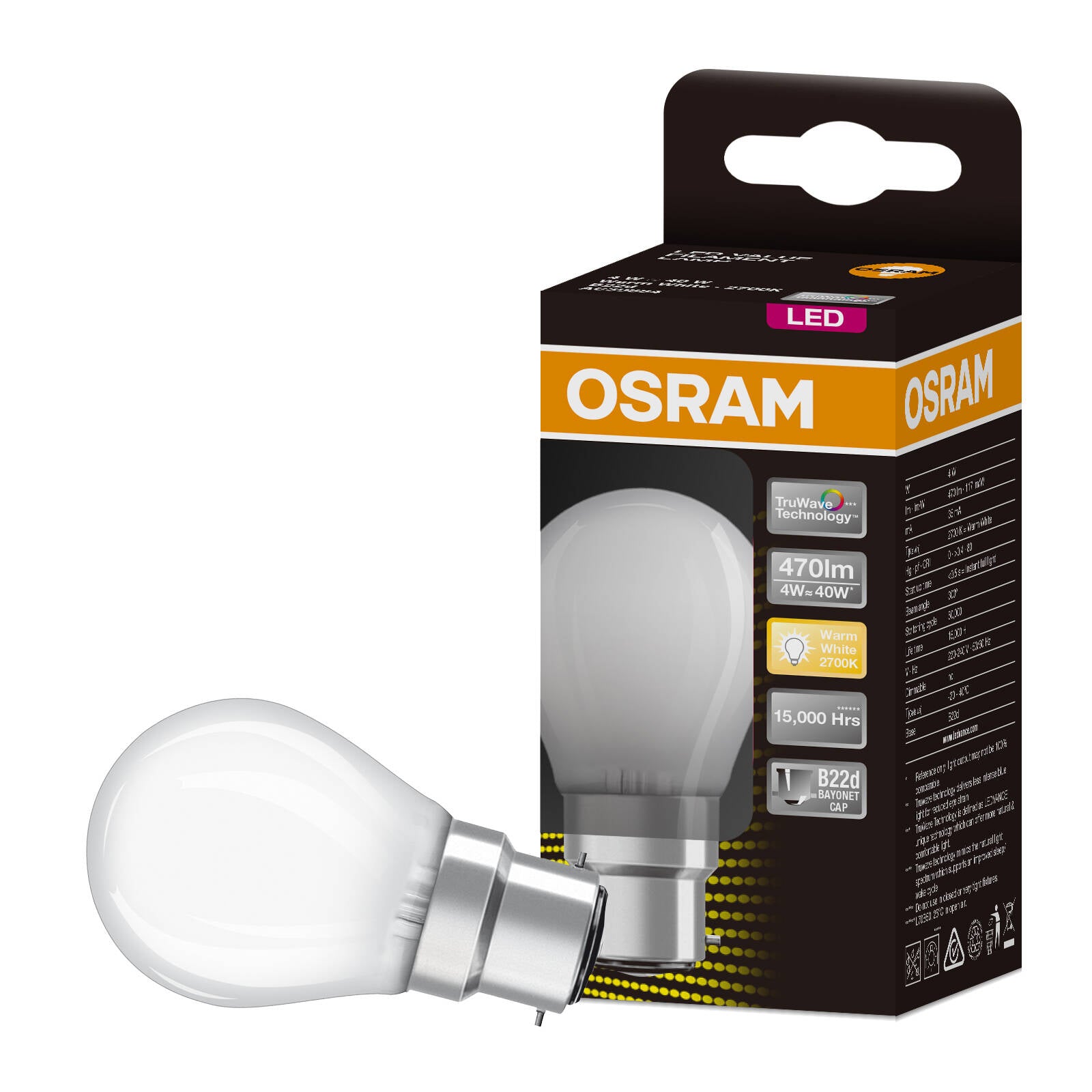 Osram Frosted Fancy Round Filament LED Globe B22 470lm Warm White 4W