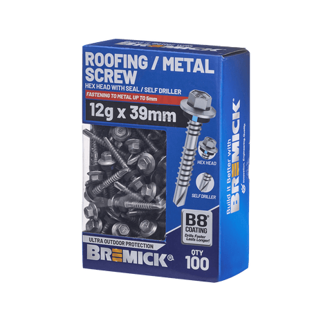 Bremick 12g x 39mm B8 Hex Roofing Screw Drill Point Carbon Steel - Pack 100