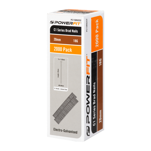 PowerFit 20mm C1 Series Brad Nails 18 Gauge Electro-Galvanised - 2000 Pack