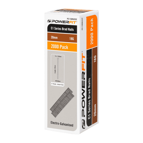 PowerFit 20mm C1 Series Brad Nails 18 Gauge Electro-Galvanised - 2000 Pack