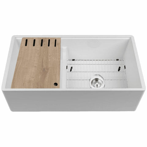 Abey Chambord Legrande reversible 1 1/2 bowl butler sink - white fireclay, chopping board, grid - LEGRANDE-2W