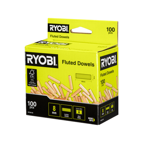 Ryobi 8mm Fluted Dowels - 100 Pack for Strong Timber Joints