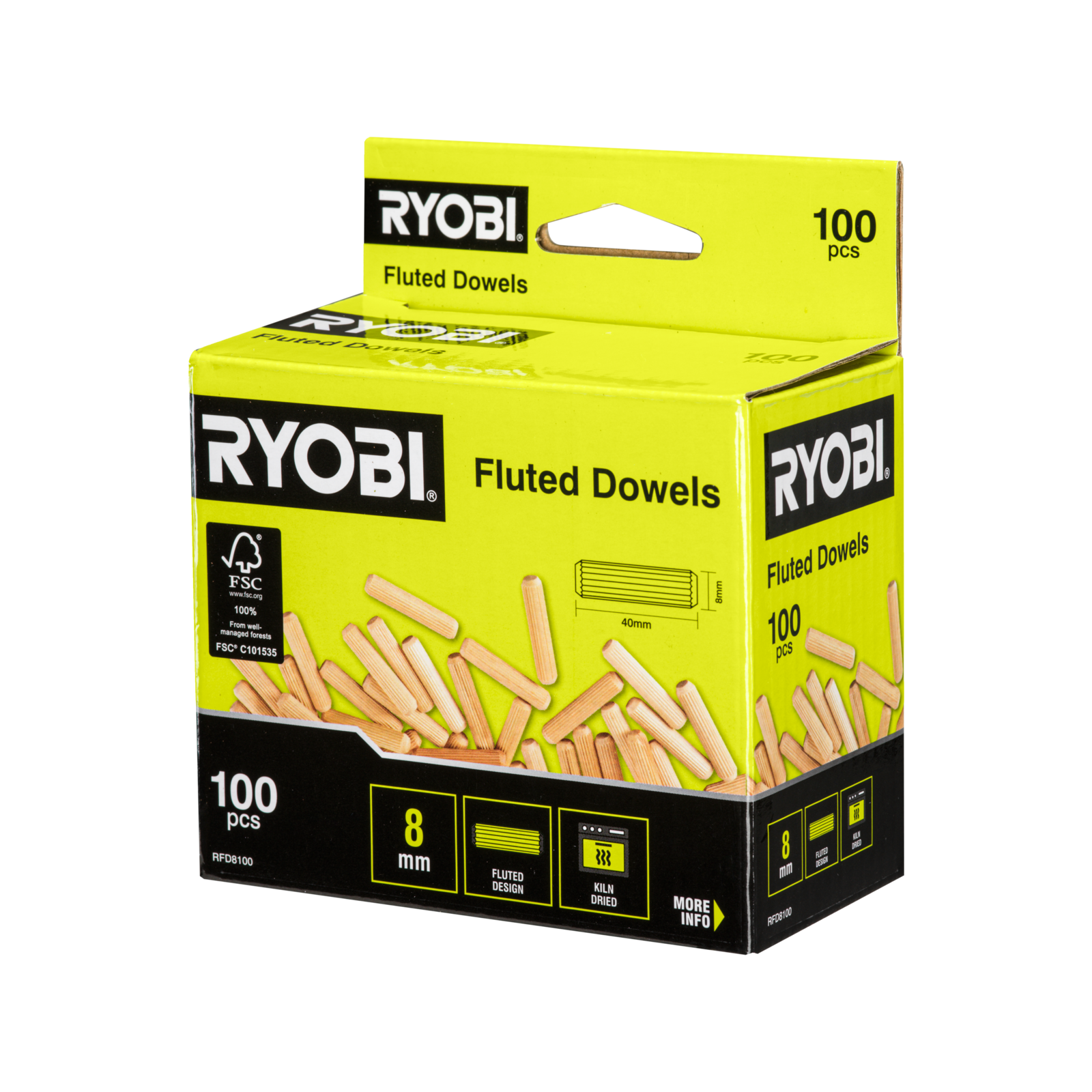 Ryobi 8mm Fluted Dowels - 100 Pack for Strong Timber Joints