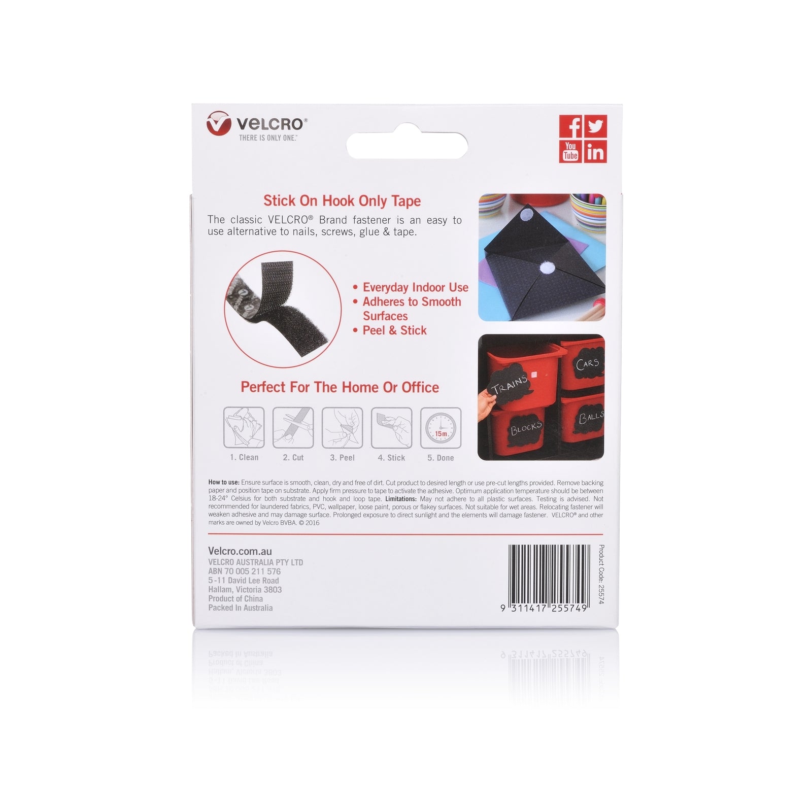 Velcro Brand Stick On Hook Only Tape, 25mm x 5m, Black, Indoor