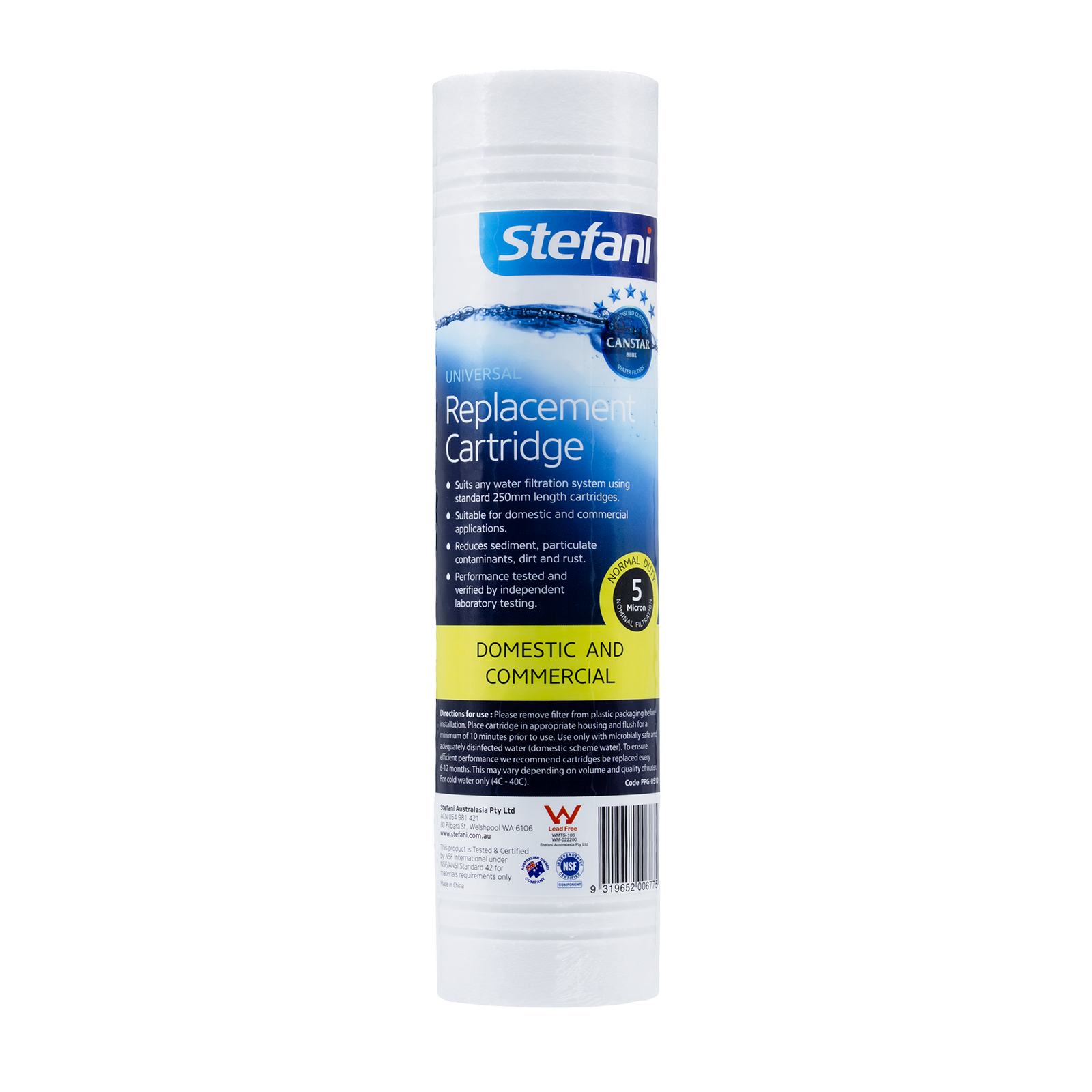 Stefani 5.0 Micron Normal Duty Universal Sediment Cartridge, 250mm, Polypropylene