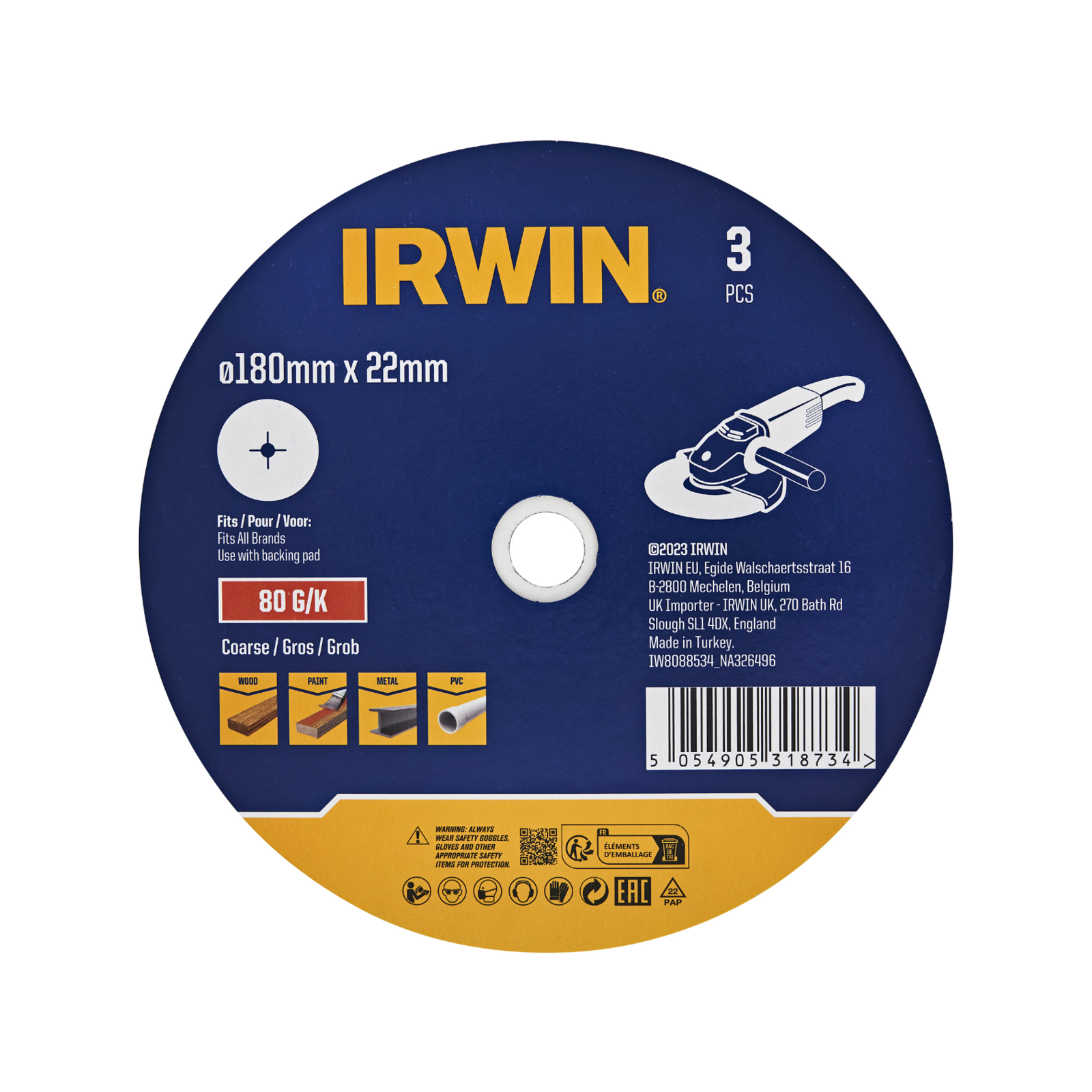 Irwin 180 x 22mm 80 Grit Fibre Disc 3 Pack for Wood & Metal