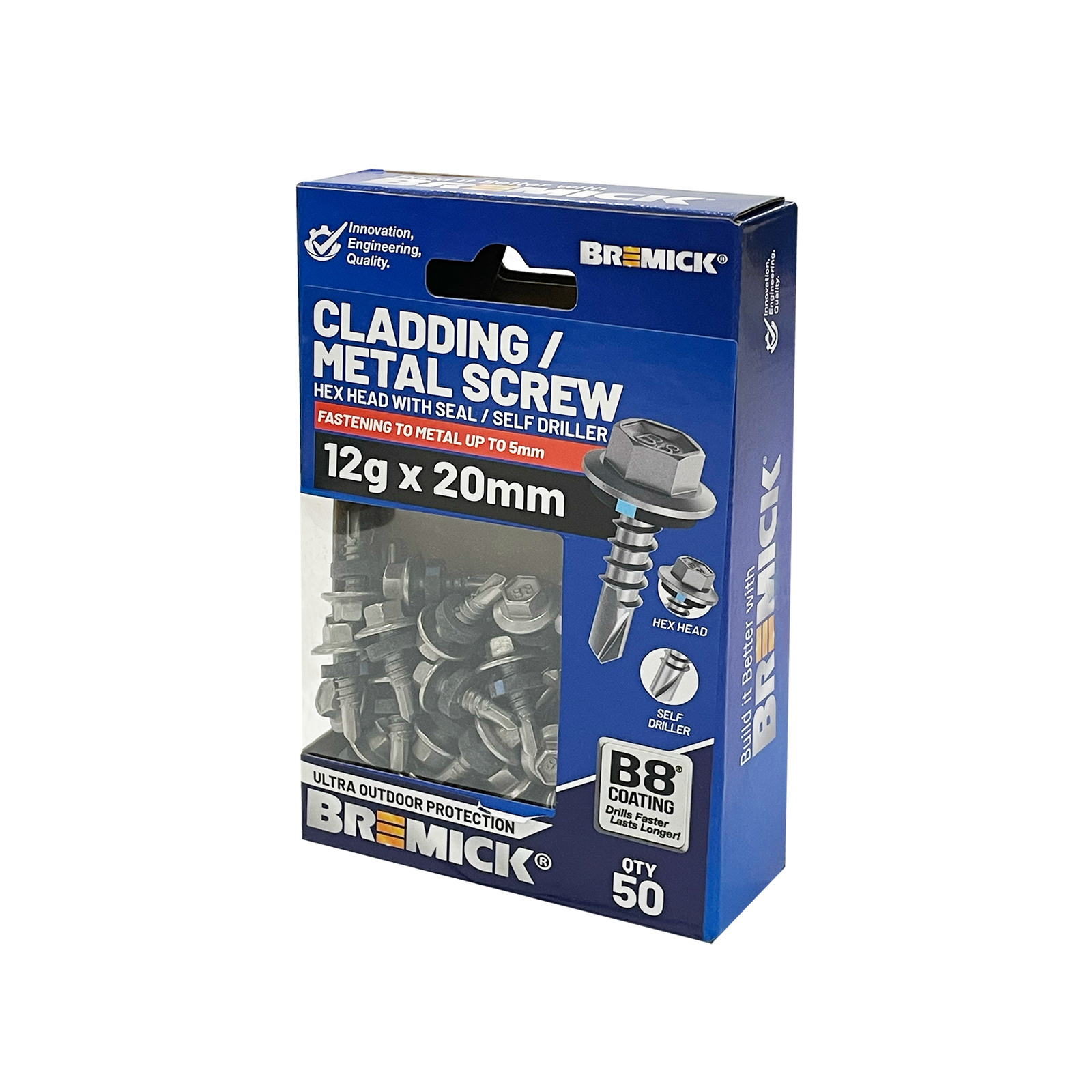 Bremick 12g x 20mm Hex Metal Screws B8 Drill Point - 50 Pack