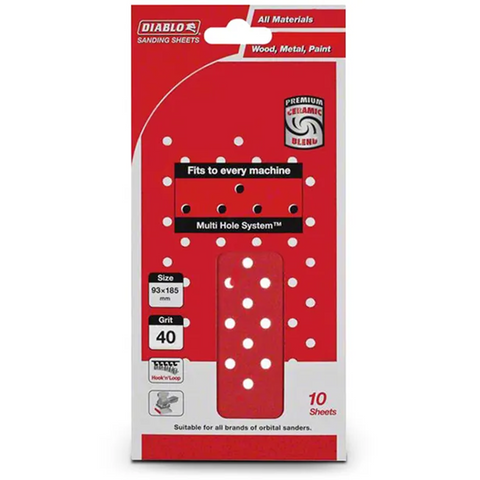 Diablo 93 x 185mm 40 Grit Hook & Loop Multihole Sanding Sheets - 10 Pack
