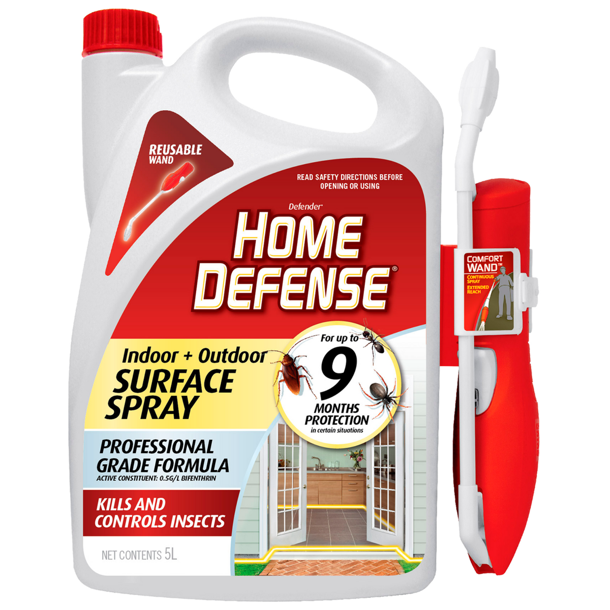 Defender 5L Home Defense Surface Spray - Indoor & Outdoor Insecticide with Comfort Wand