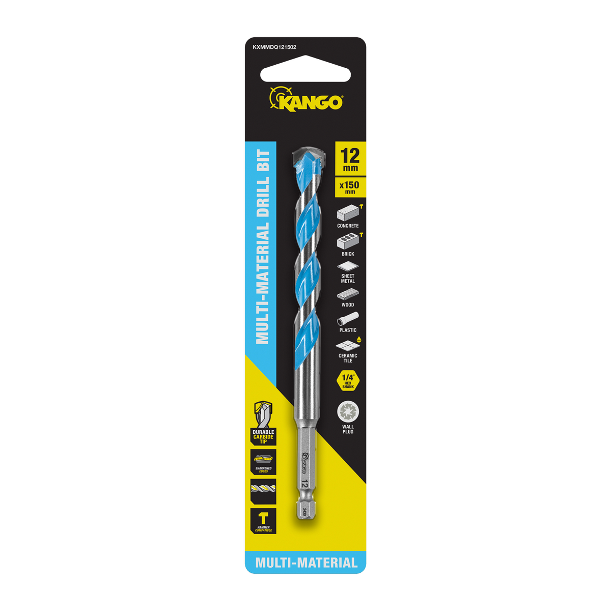 Kango 12 x 150mm Multi-Material Drill Bit - Carbide Tip, 1/4" Hex Shank