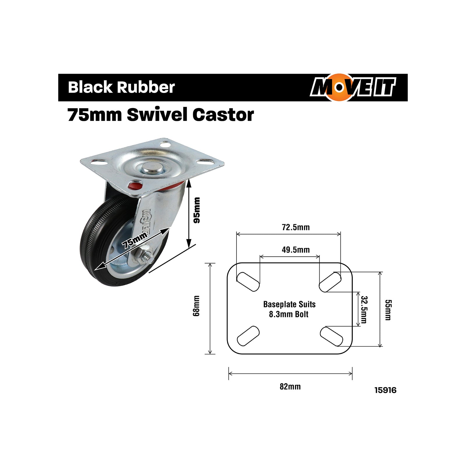 Move It 75mm Black Rubber Swivel Plate Castor 50kg