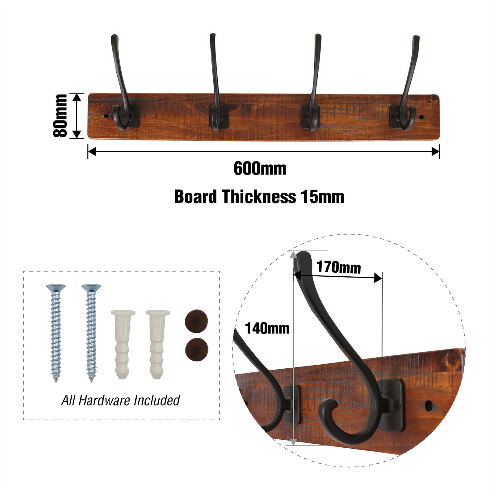 Adoored Rustic Board Deco Hook Rack 600mm, 4 Black Hooks for Entryways
