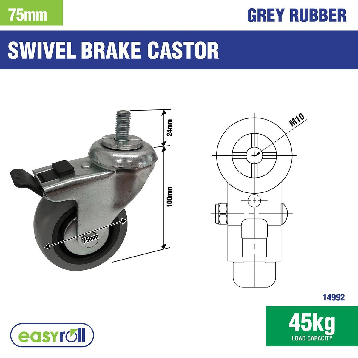 Easyroll 75mm Grey Rubber Swivel Castor with Brake, 45kg Load