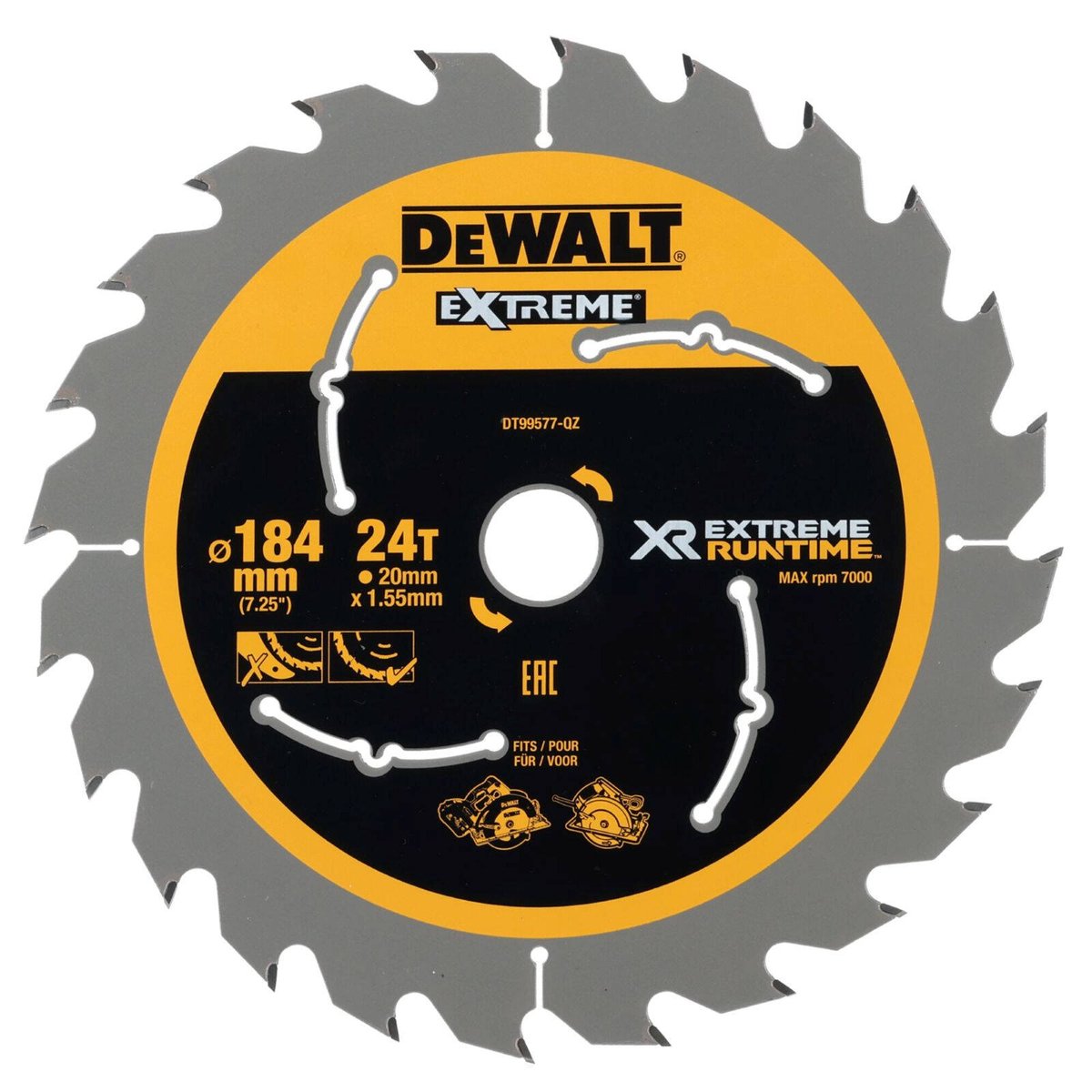 DeWALT 184mm 24T XR Circular Saw Blade for Thick Timber DT99577-QZ