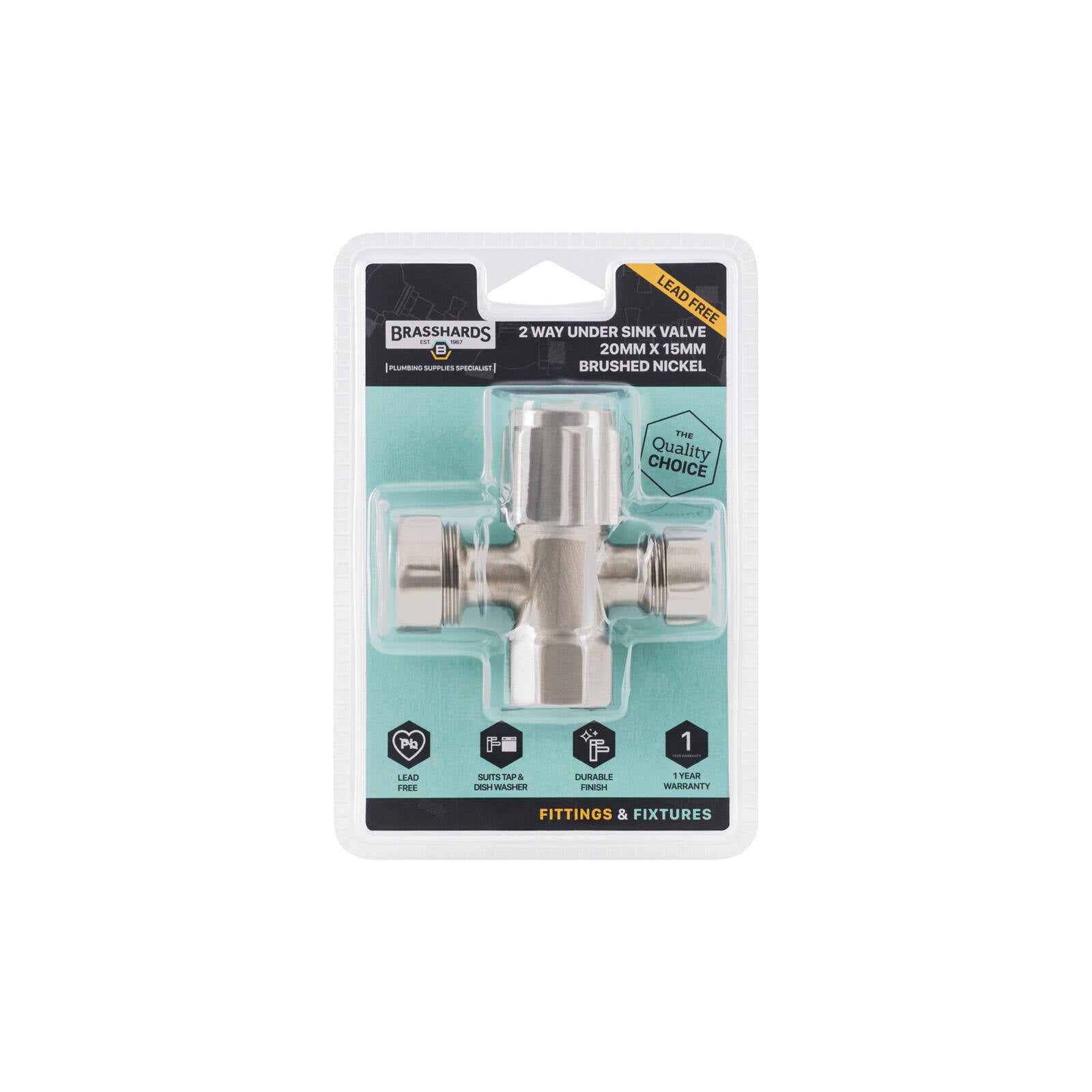 Brasshards 2 Way Under Sink Valve 20mm x 15mm Brushed Nickel Brass Lead Free