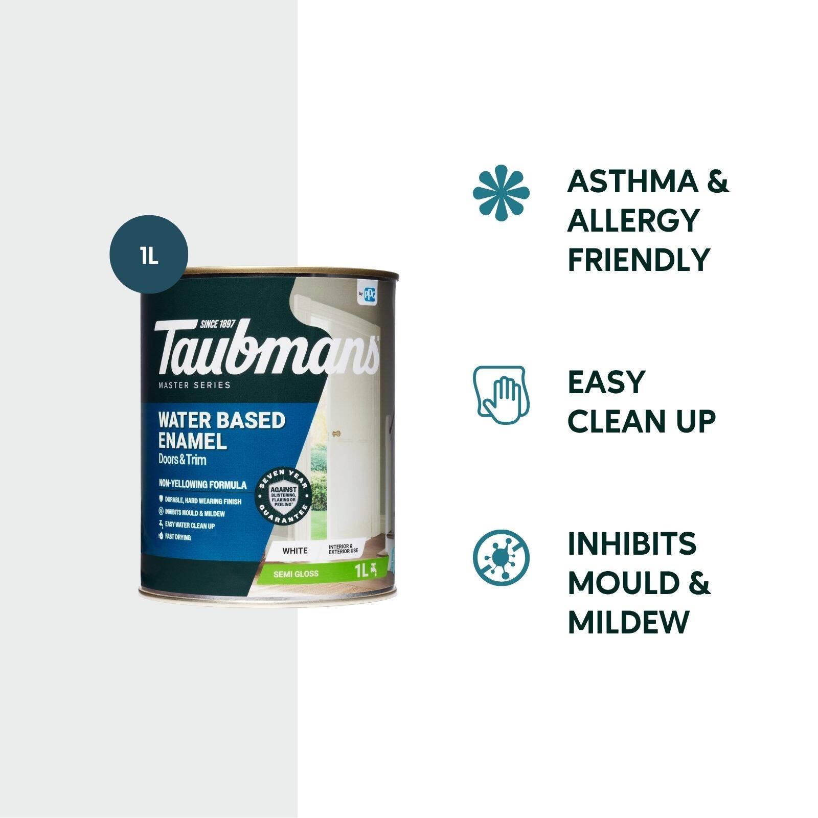 Taubmans 1L White Semi Gloss Water Based Enamel Paint