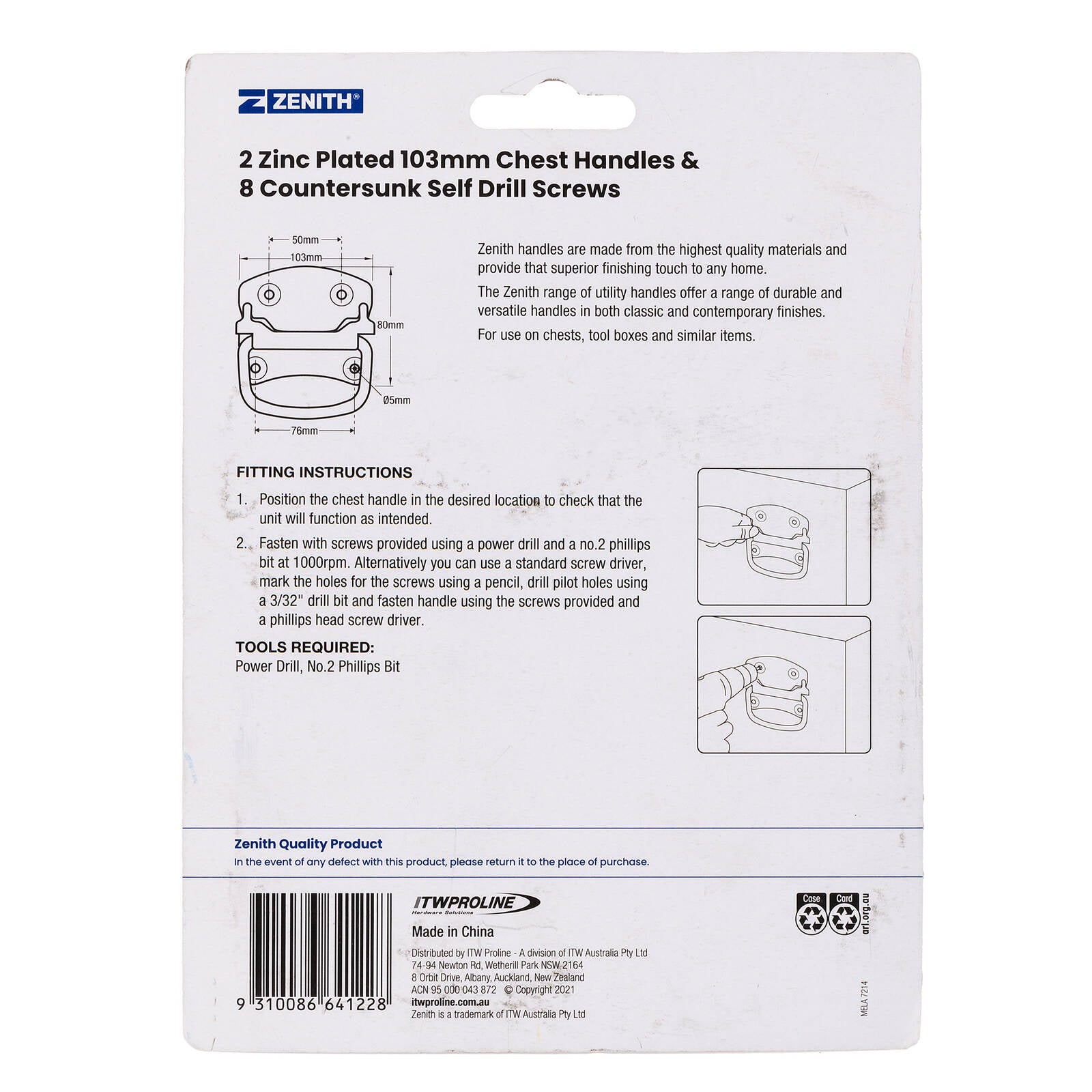 Zenith 103mm Zinc Plated Steel Chest Handle, 2 Pack for Tool Boxes & Chests