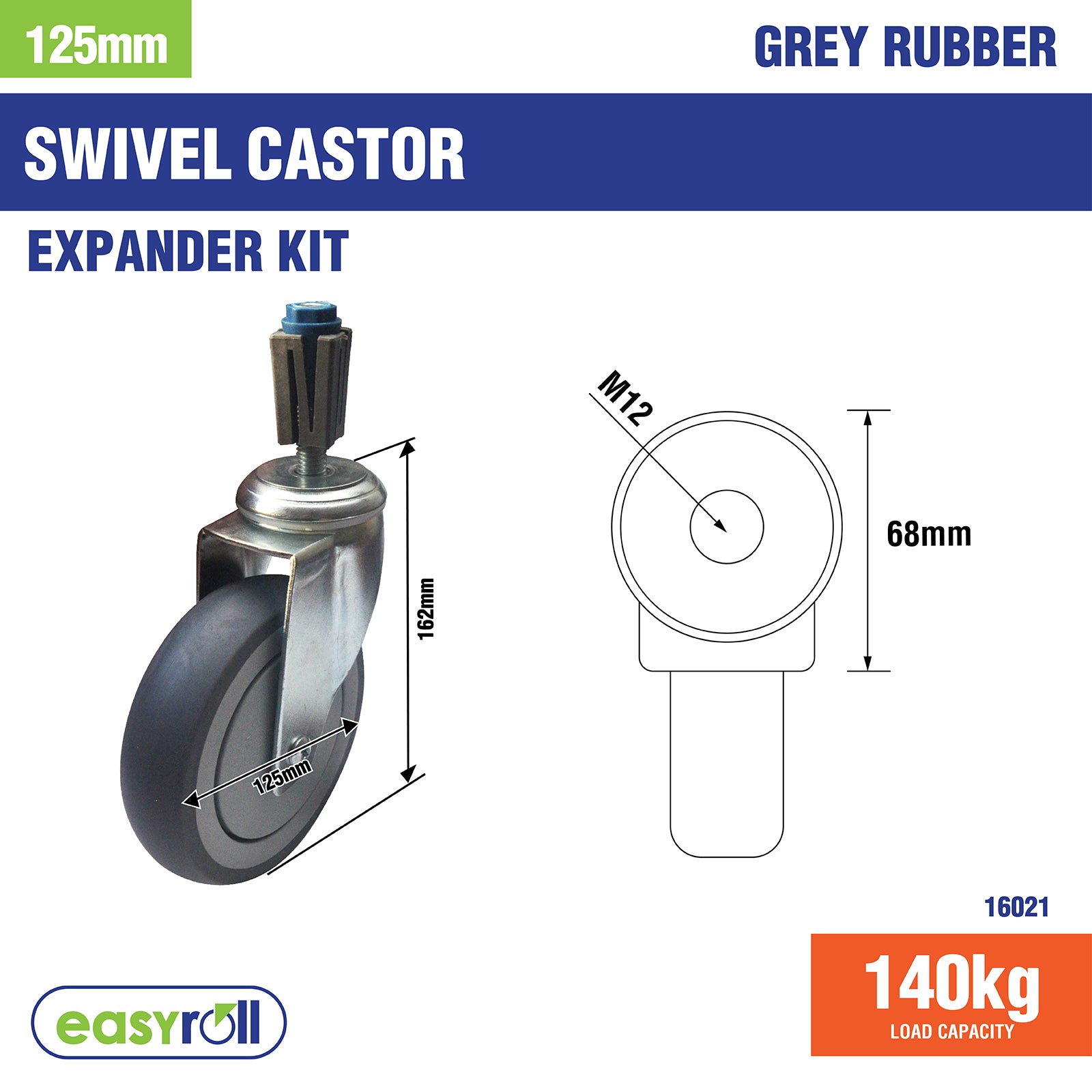 Easyroll 125mm 140kg Grey Rubber Castor Expander Kit