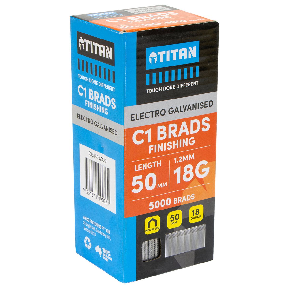 Titan 50 x 1.25mm Electro Galvanised Straight Collated C1 Brad Nails 5000 Pack