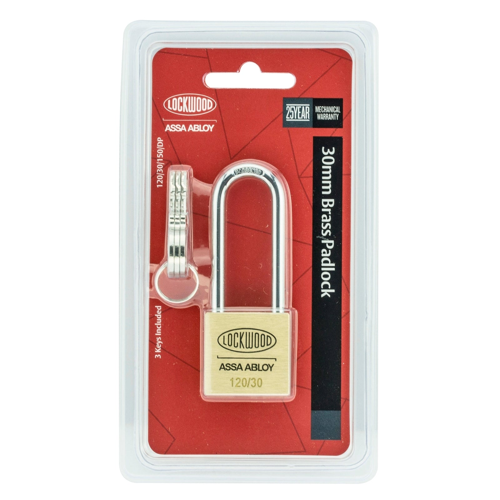 Lockwood 30mm Solid Brass General Purpose Padlock, Long Shackle, Double Locking
