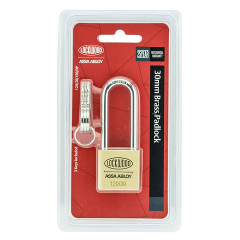 Lockwood 30mm Solid Brass General Purpose Padlock, Long Shackle, Double Locking