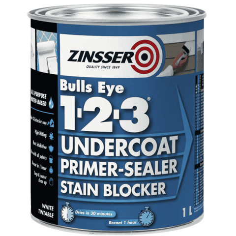 Zinsser Bulls Eye 1-2-3 Primer Undercoat Sealer Stain Blocker White 1L