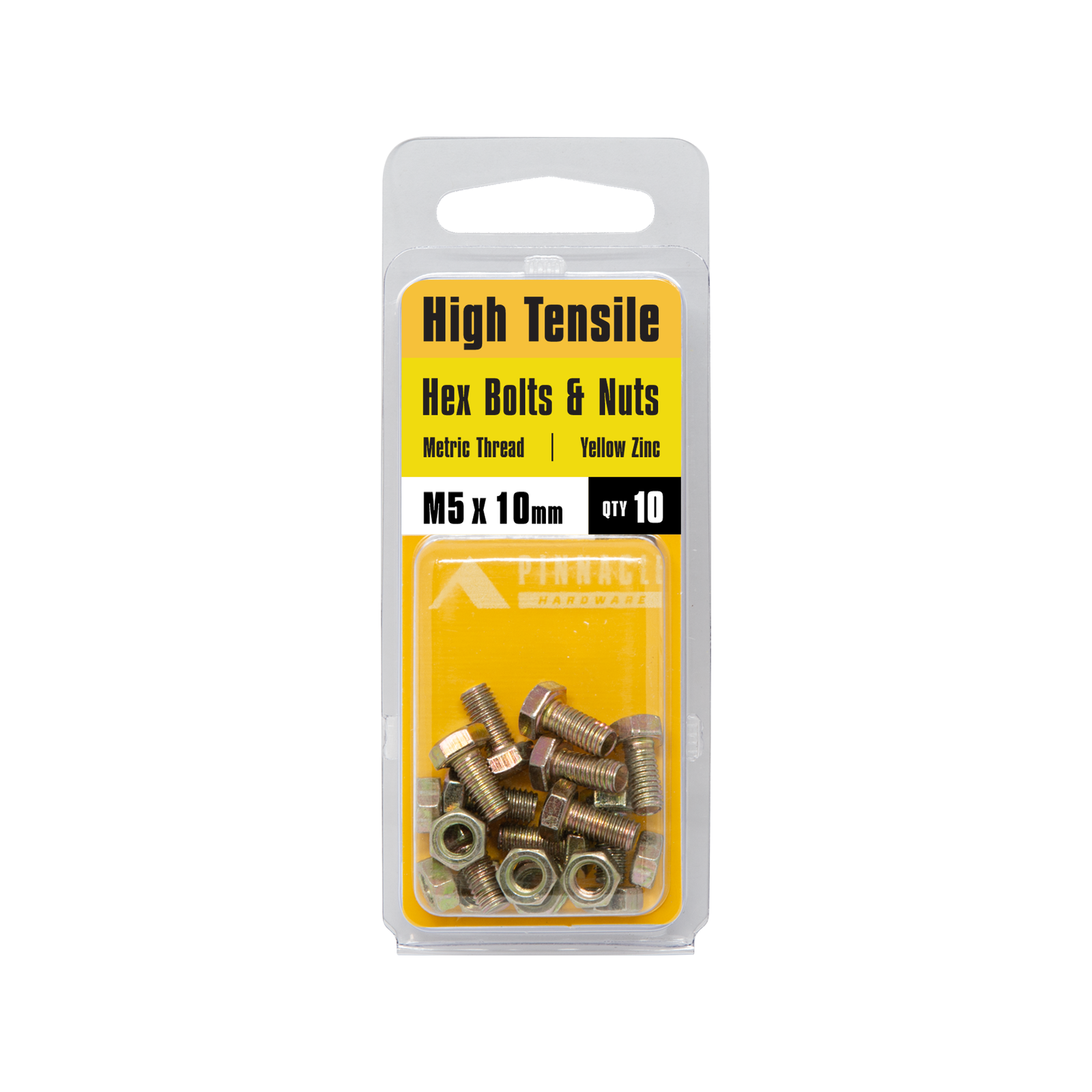Pinnacle Hardware 5 x 10mm Yellow Zinc Hi Tensile Hex Bolt and Nut 10 Pack