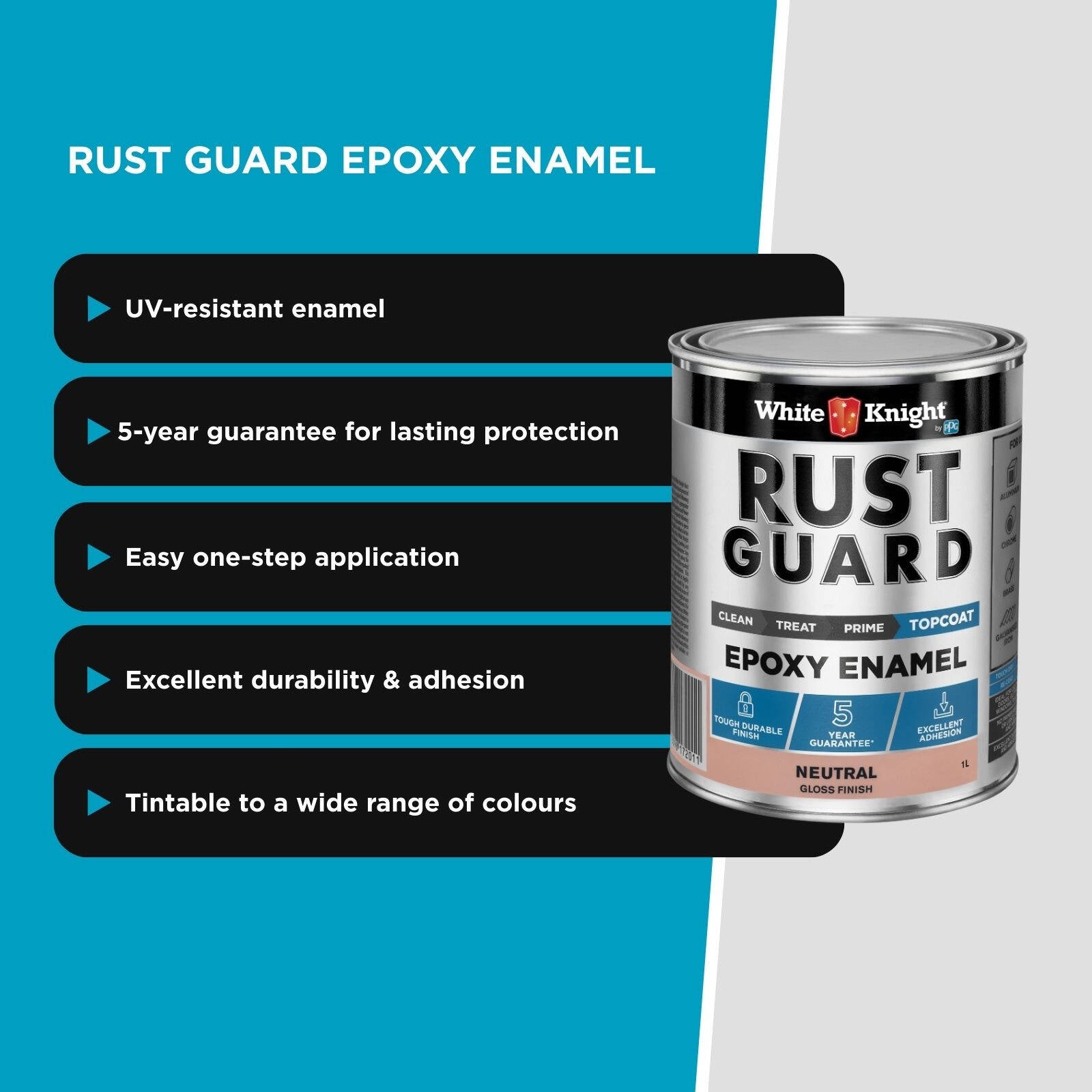 White Knight Rust Guard 1L Neutral Gloss Epoxy Enamel Paint, Solvent-Based, One-Step for Metal Surfaces