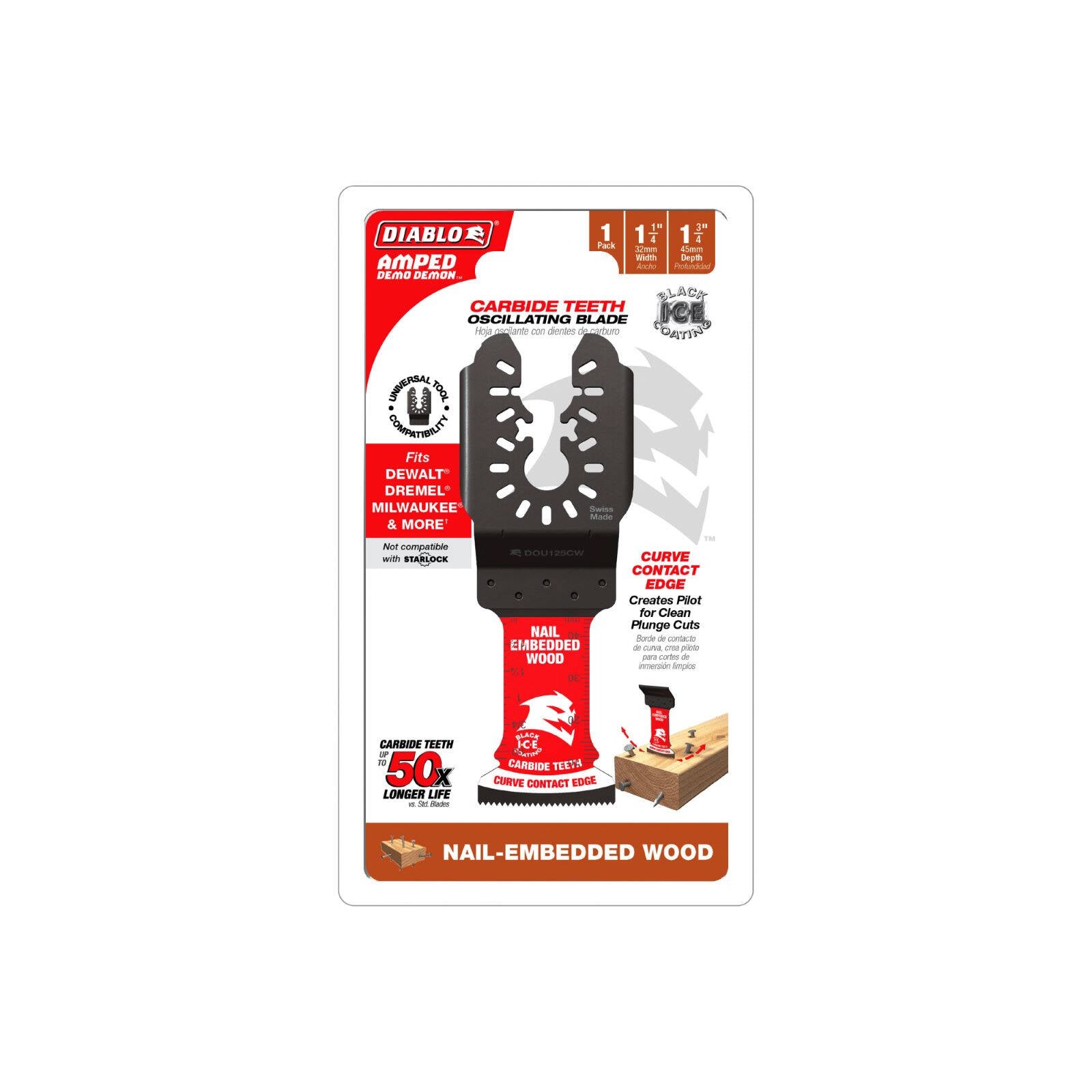 Diablo 32mm Universal Fit AMPED Demo Demon Carbide Oscillating Blade Nail-Embedded Wood