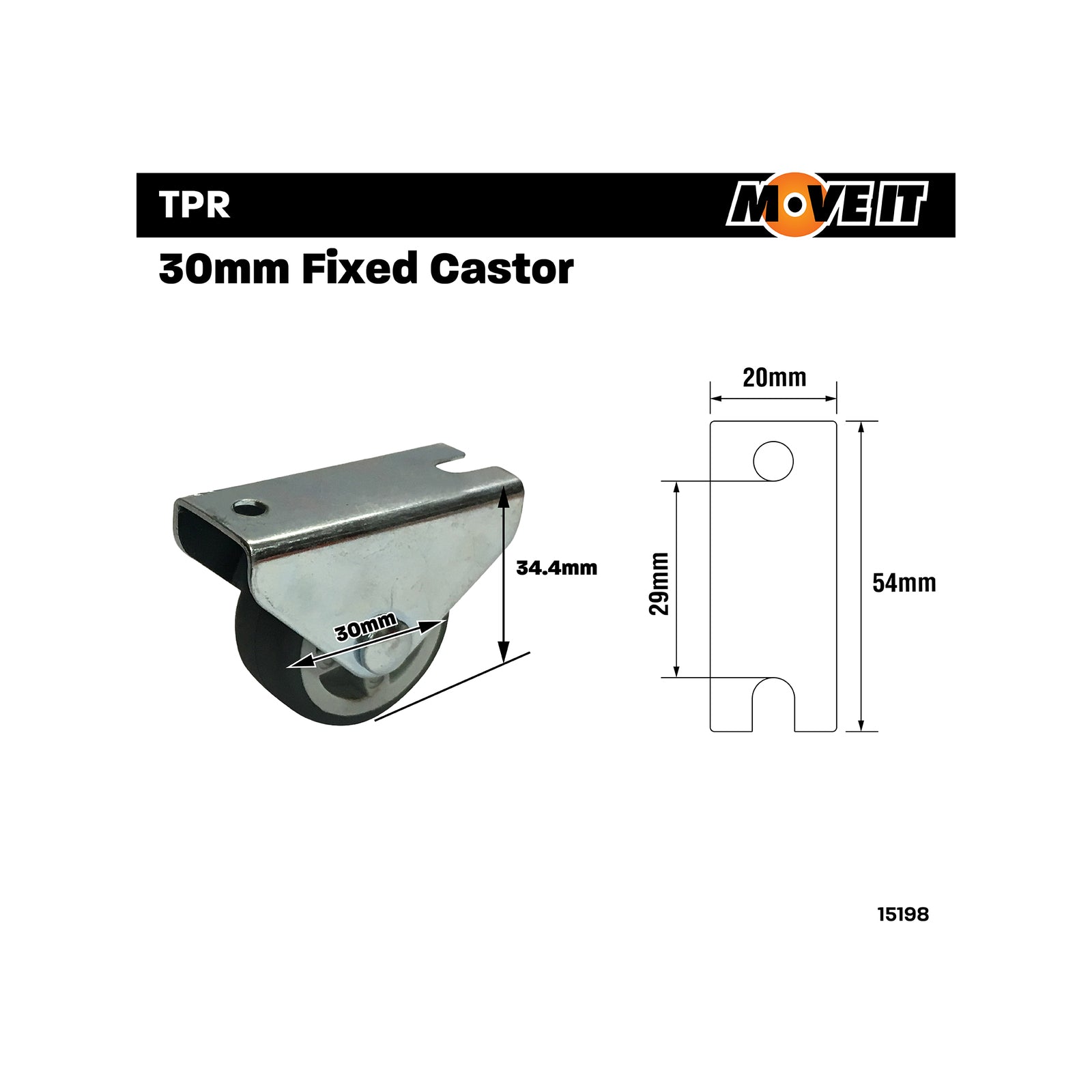 Move It 30mm Grey TPR on Polypropylene Fixed Plate Castor, 20kg, 2 Pack