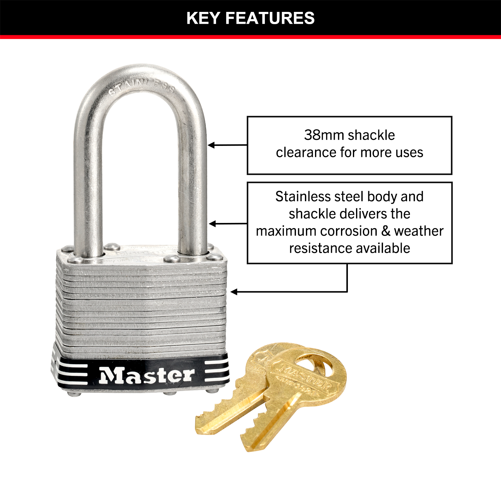 Master Lock 44mm Laminated Stainless Steel Padlock with Pin Cylinder