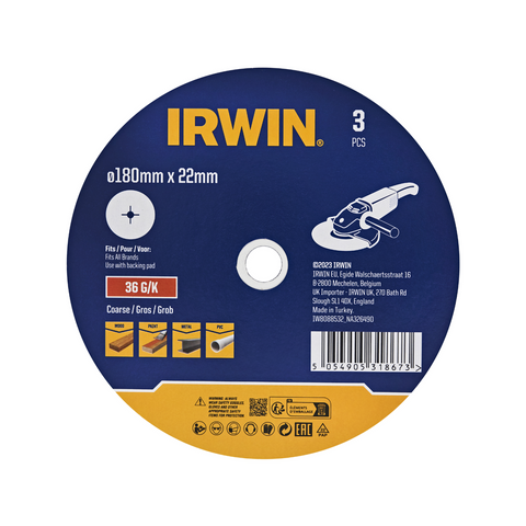 Irwin 180 x 22mm 36 Grit Fibre Disc, 3 Pack for Stock Removal & Weld Blending