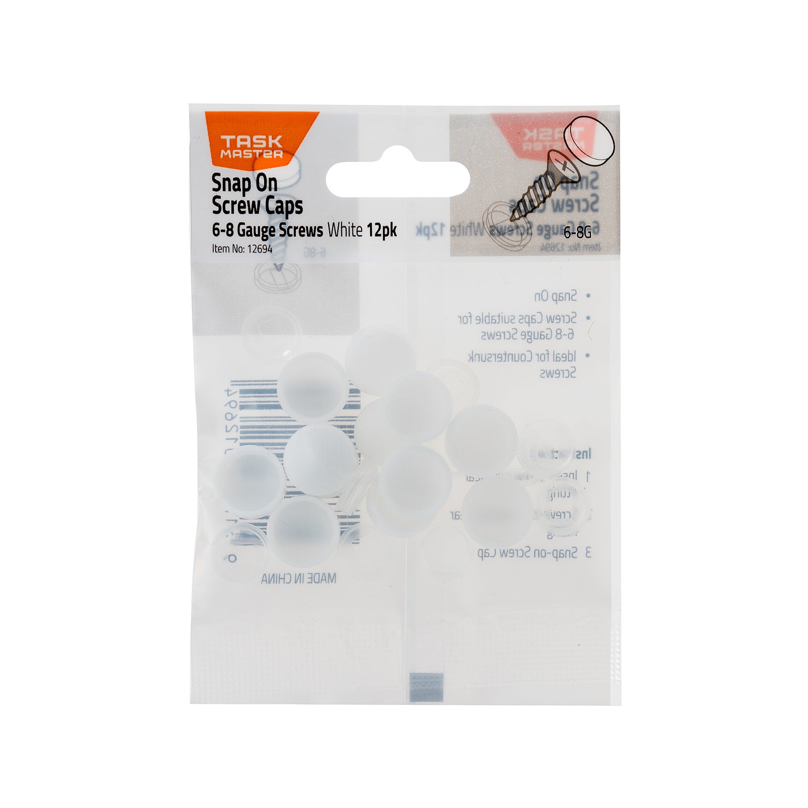 Taskmaster 6-8g White Plastic Snap On Screw Caps 12 Pack