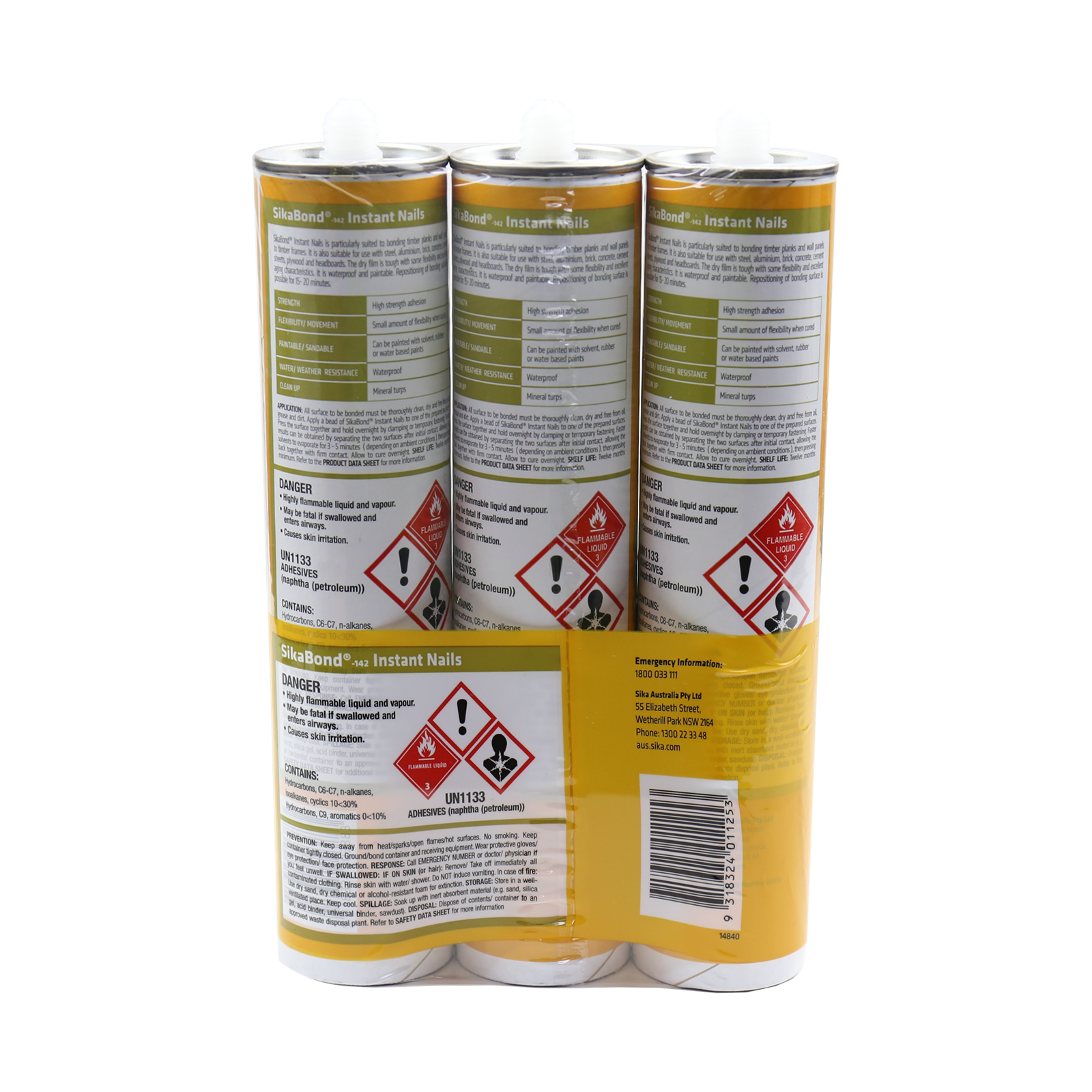 Sika SikaBond-142 Instant Nails Construction Adhesive 300g 3 Pack Solvent Based