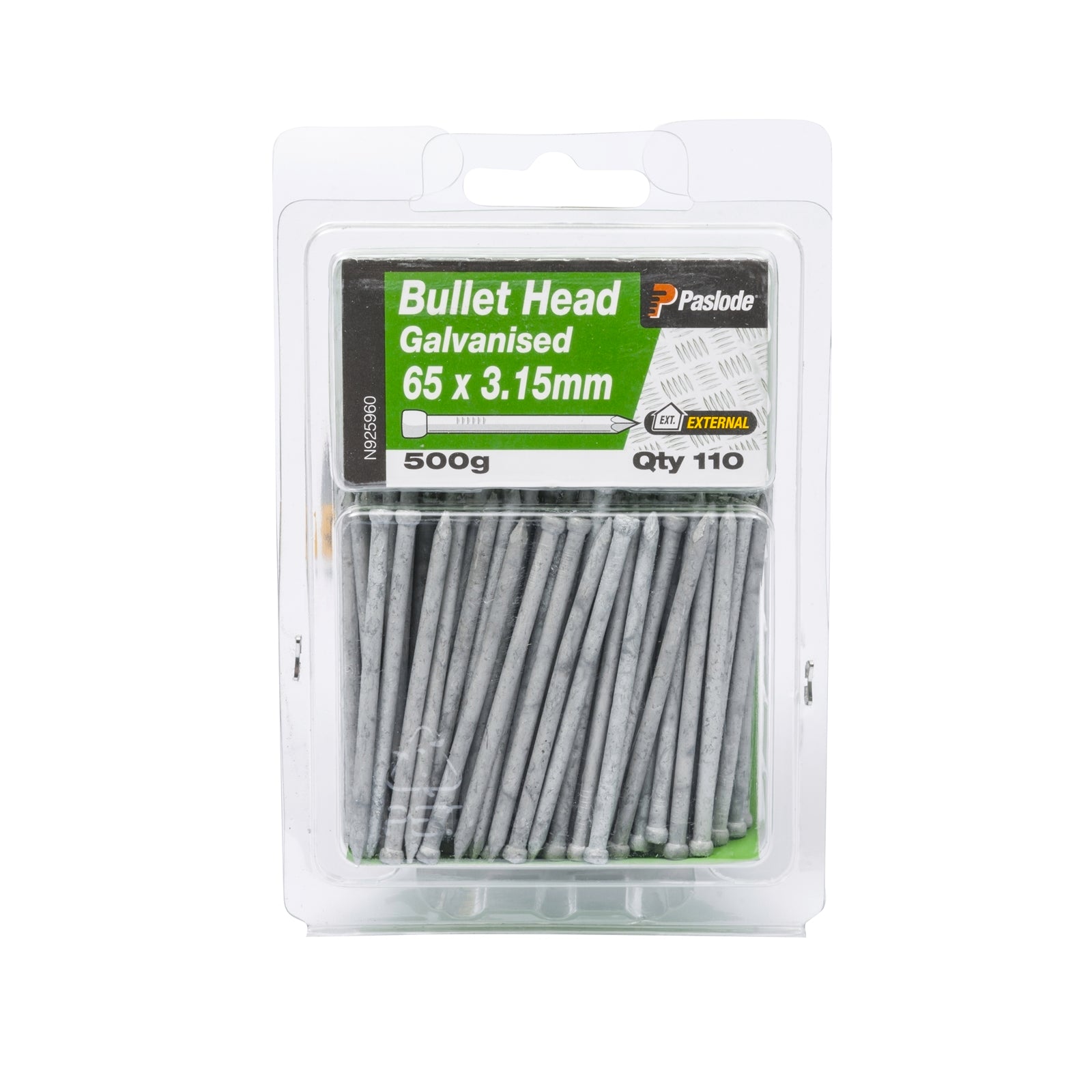 Paslode 65 x 3.15mm Galvanised Steel Bullet Head Nails - 500g, 110 Pack