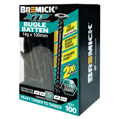 Bremick XTP 14g x 100mm Black T40 Technoguard Bugle Batten Screws - 100 Pack