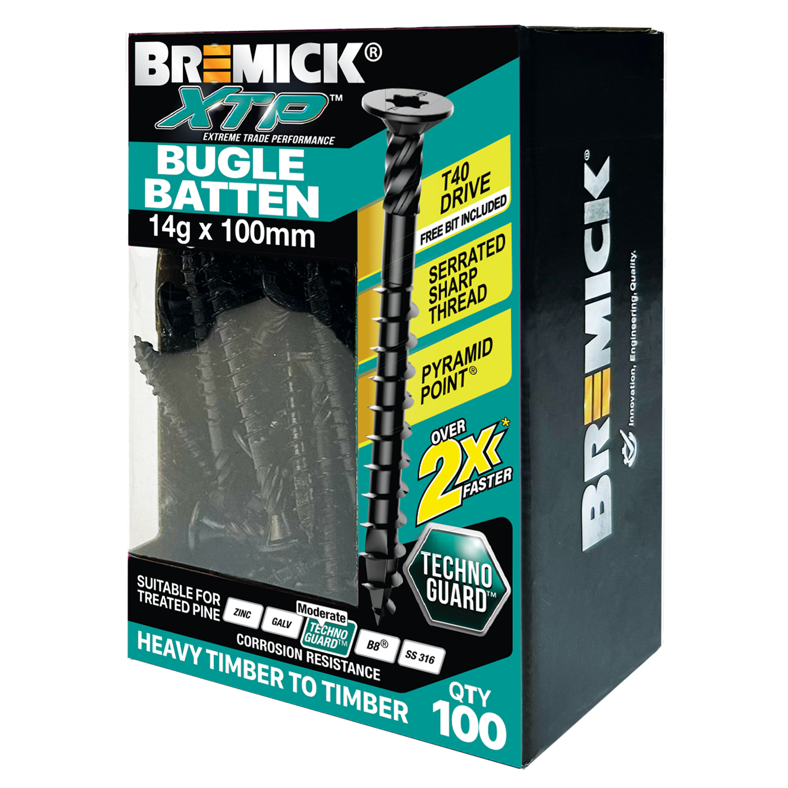 Bremick XTP 14g x 100mm Black T40 Technoguard Bugle Batten Screws - 100 Pack