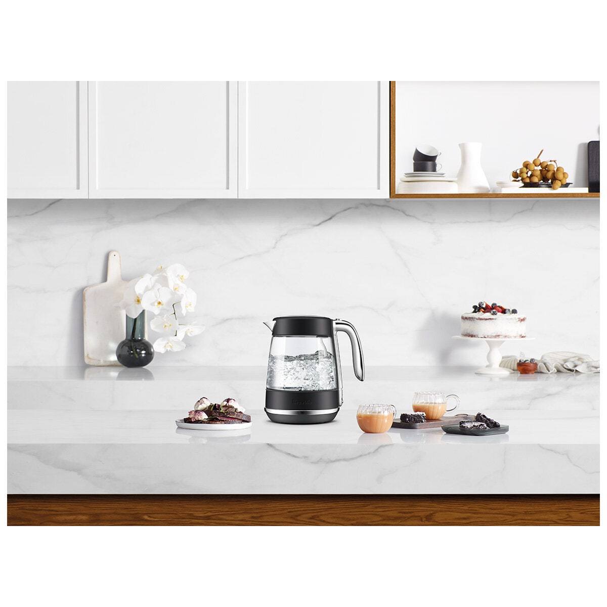 Breville the Crystal Luxe Glass Kettle 1.7L - Black Truffle Trim, Mesh Filter, Soft Top Lid - BKE765BTR