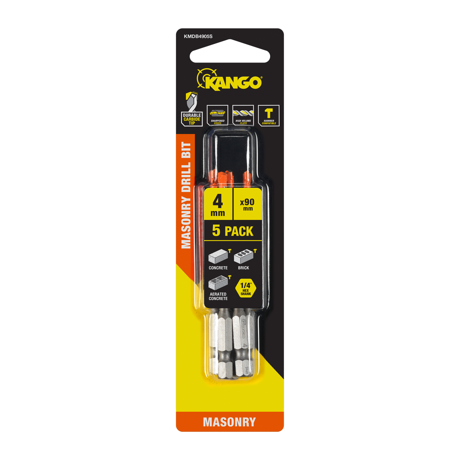 Kango 4 x 90mm 1/4in Hex Masonry Drill Bit - 5 Pack
