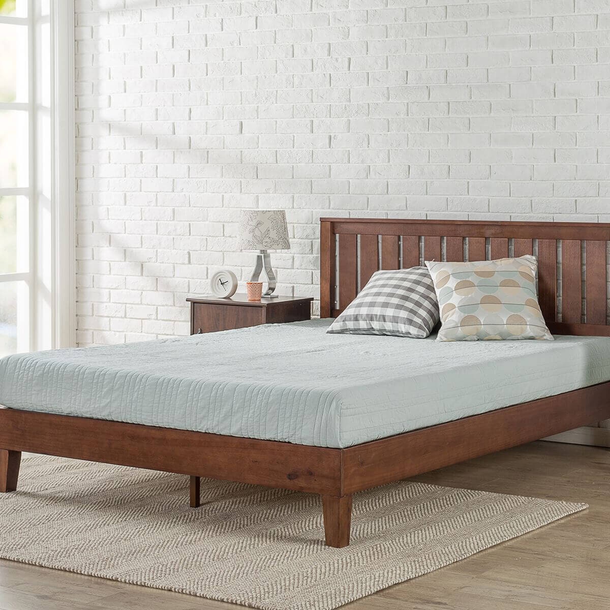 Zinus Queen deluxe solid wood bed frame - dark brown pine, panelled headboard - AU-PWPBBHE-12Q