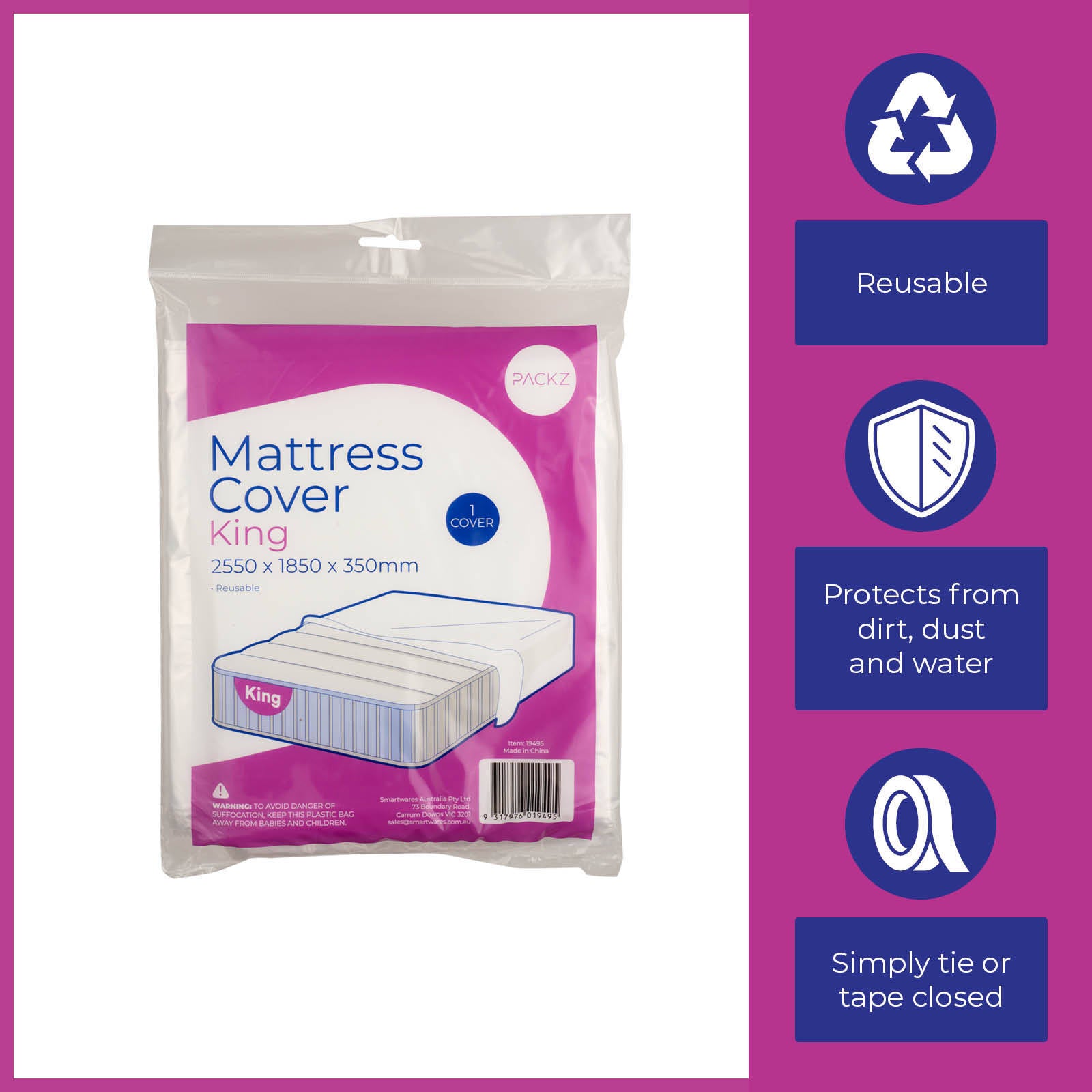 Packz Clear Plastic King Mattress Cover 2550 x 1850 x 350mm